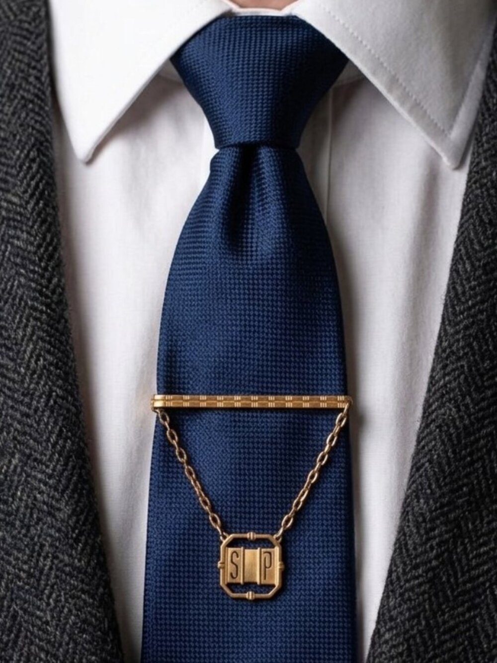 Vintage Gold Tie Clip with Chain Engraved 1940's - 50's